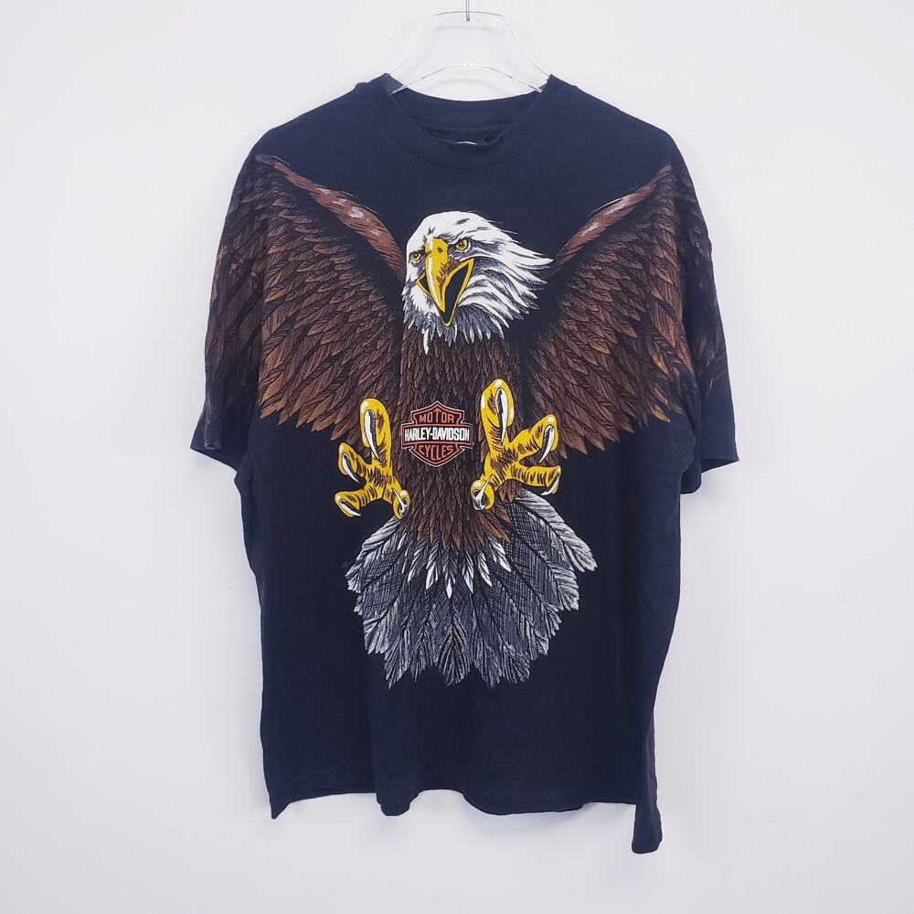 Vtg 90s Harley Davidson Eagle Biker All Over Print Single Stitch T Shirt Sz XXL